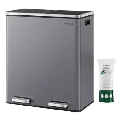 Abbildung von SONGMICS Mülleimer, 2 x 30 Liter, Fächer, Mülltrennsystem, Treteimer, Abfalleimer Küche, 15 Müllsäcke, Metall, Inneneimer aus Kunststoff, Klappdeckel, Softclose, luftdicht, schiefergrau LTB060G01