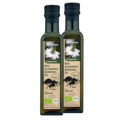 Abbildung von manako BIO Schwarzkümmelöl, kaltgepresst und 100 % rein, 2 x 250 ml Glasflasche