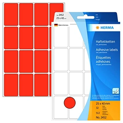 Abbildung von HERMA 2452 Vielzweck Etiketten, 512 Stück, 25 x 40 mm, 16 pro Bogen, selbstklebend, Haushaltsetiketten zum Beschriften, matt, blanko Papier Klebeetiketten Aufkleber, rot