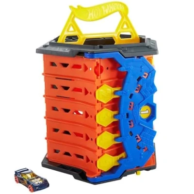 Abbildung von Hot Wheels GYX11 Rollout Raceway Trackset, lässt sich zu einer fünfspurigen Rennstrecke ausrollen, Aufbewahrungsbehälter, Spielzeug Autorennbahn für Kinder ab 4 Jahren