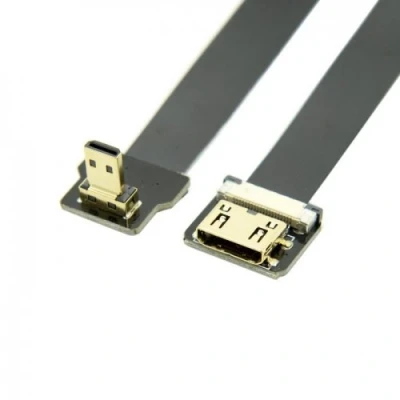 Abbildung von 90 Grad nach unten abgewinkelter FPV Micro HDMI Stecker auf Mini Buchse, FPC Flachkabel für Luftfotografie mit Multicoptern