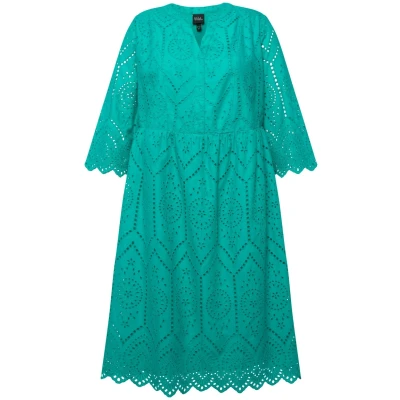 Abbildung von Ulla Popken EN AJOURÉE. Ligne A. COL Tunisien ET Manches 3/4. Freizeitkleid, Damen, Größe: 50/52, Turquoise
