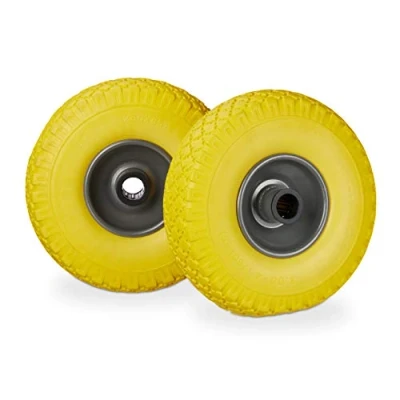 Abbildung von Relaxdays Sackkarrenrad Set, pannensicher, 3.00 4 Vollgummireifen, Stahlfelge, 25mm Achse, 100 kg, 260x85mm, gelb grau