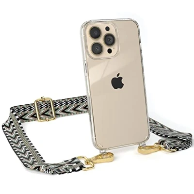 Abbildung von EAZY CASE Handykette Verstellbarer Trageriemen kompatibel mit iPhone 13 Pro, Schulterriemen, schmales Band, Handykordel, Riemen für Handyketten, Grün/Schwarz Metall Gold