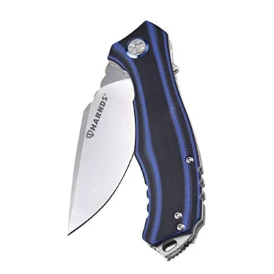 Abbildung von Harnds Maverick Klappmesser mit Flipper Assist, 88 mm D2 Stahlklinge rutschfestem G10 Griff und abnehmbarem Clip Klingenarretierung (Blau+Schwarz+Satin)