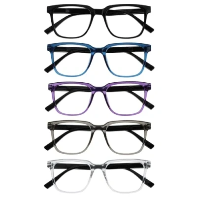 Abbildung von OPULIZE LEO Lesebrille 5er Pack Großes Rechteckiges Gestell Schwarz, Blau, Lila, Grau, Klar Herren Damen Federscharniere RRRRR55 1357C +2.50