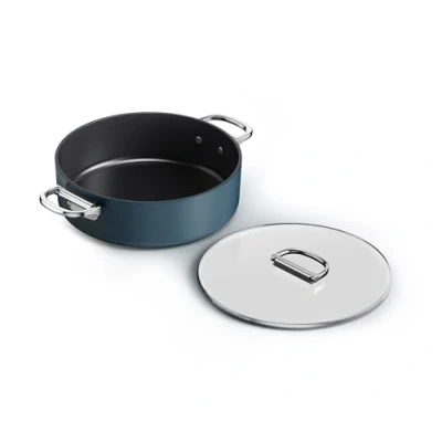 Abbildung von Joseph Space Folding Handle Ceramic Non stick 28cm Blue Shallow Casserole Pan &amp; Lid, Round, Sauteuse pan, Blue, Ceramic, 232 C, Aluminium