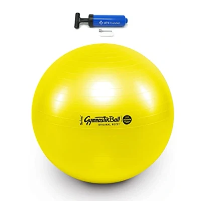 Abbildung von Original Pezzi Gymnastikball Maxafe Ø 42, 53, 65 &amp; 75cm in Allen Farben inkl. ATC Ballpumpe bis 400 kg belastbar Fitness, Reha, Therapie, Gymnastik und als Sitzball fürs Büro, gelb