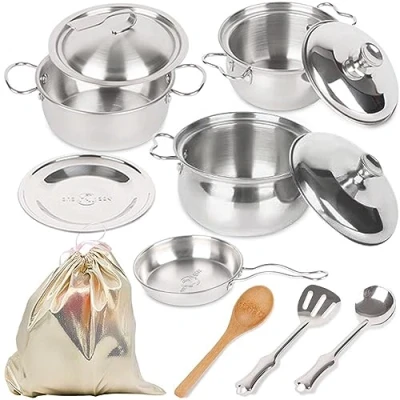 Abbildung von Edelstahl Mini Küche Spielen Kochgeschirr Set, Kochen Töpfe und Pfannen Spielzeug，Kinderküche Spielzeug，Mit 1 Blume Stoffbeutel, Altersgerecht 3+Jungen Mädchen