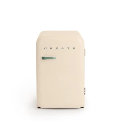 Abbildung von CREATE / RETRO FRIDGE 83.5 SAGE/Kühlschrank in Cremeweiß, Griff Salbeigrün 98W, niedriger Verbrauch, 2 Ablagen, Temperaturregler, Flaschenhalter, 56x54x84cm