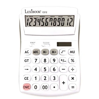 Abbildung von Lexibook C212 12 stelliger Bürotaschenrechner mit Geneigter Grund und Speicherfunktion Große Tasten Bildschirm für Büro, Schule, Zuhause Solar &amp; Batterien Weiß/Grau