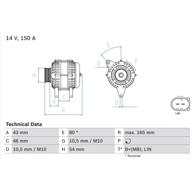 Abbildung von BOSCH 0 986 081 190 Lichtmaschine 14V 150A FORD: MONDEO 4 Turnier, 4, Stufenheck, VOLVO: V70 3, S80 II