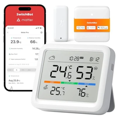 Abbildung von SwitchBot Wlan Wetterstation Funk mit Außensensor, Matter Hygrometer Thermometer Innen, Temperatursensor IP65 Außenthermometer und Hub, Kompatibel Alexa, Apple Home, Google Home