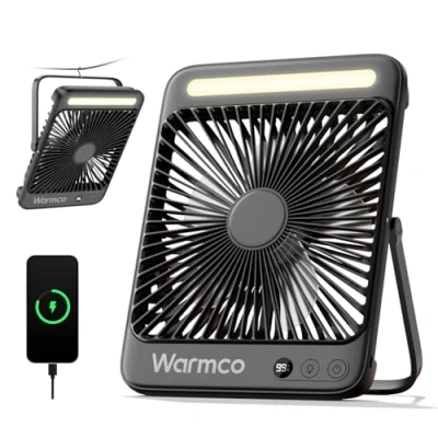Abbildung von Warmco 20000mAh Tragbarer Campingventilator 8 Zoll mit LED Licht, Ultra Leise, Dünn, Digitalanzeige, Bis zu 48h Laufzeit für Outdoor, Reisen, Büro, Schlafzimmer