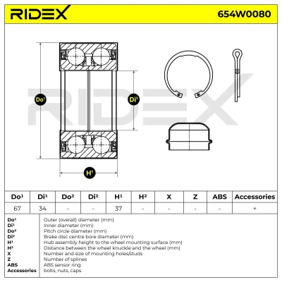 Abbildung von RIDEX 654W0080 Radlagersatz Vorderachse beidseitig OPEL: Tigra Twintop, Combo C Tour, Corsa Schrägheck