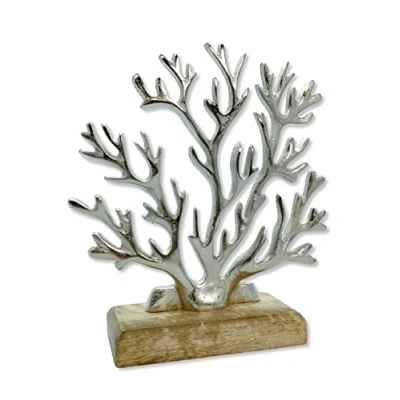 Abbildung von Metall Skulptur mit Holz Fuß Silber braun Koralle 23 x 25cm Dekofigur Tisch Deko Maritim Mediterran Meeresdeko
