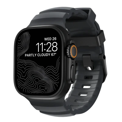 Abbildung von NOMAD Apple Watch Sportarmband Rocky Point Dark Storm Gray 45/49 mm Band mit schwarzer Titan Hardware, abenteuerliches, robustes Armband für Damen und Herren