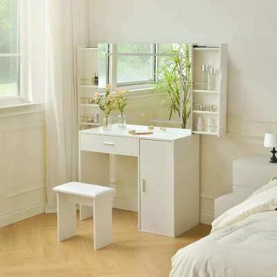 Abbildung von HOME DELUXE Schminktisch IMANI Weiß 130 x 80 40 cm (inkl. Hocker), mit LED Beleuchtung &amp; Stauraum I Frisiertisch