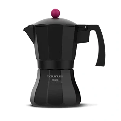 Abbildung von Taurus Black Moments 6 Italienische Kaffeemaschine Tassen Boden und Filter aus Edelstahl Sicherheitsventil Silikondichtung Für alle Herdarten transparenter Deckel Schwarz