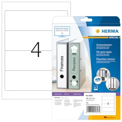 Abbildung von HERMA 4826 Ordnerrücken Etiketten kurz breit, 25 Blatt, 192 x 61 mm, 4 pro A4 Bogen, 100 Stück, selbstklebend, bedruckbar, blickdicht Inkjet Ordneretiketten Rückenschilder Spezialpapier Aufkleber weiß