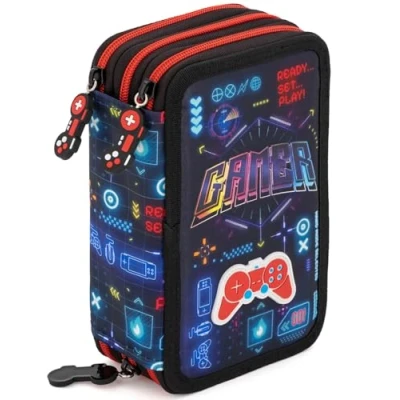 Abbildung von Julian Ross Gamer Pro Player Federmäppchen Kinder, 3 Organisierte Fächer, Federtasche Gefüllt, Jungen, 45 Teilen für die Schule, Buntstiften, Filzstiften, Kleber und Scheren