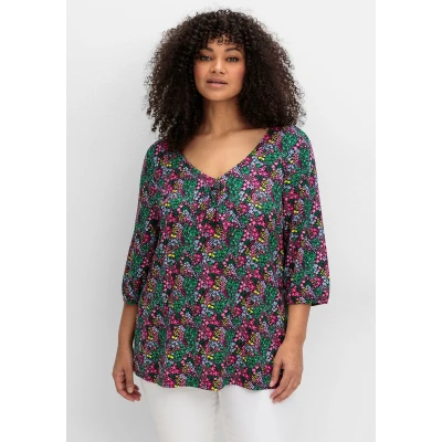 Abbildung von sheego by Joe Browns T Shirt Große Größen mit Allover Blumendruck und tiefem Ausschnitt