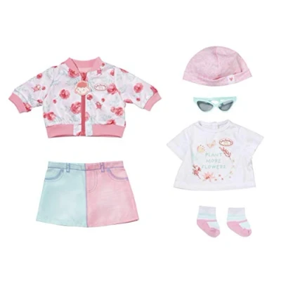 Abbildung von Baby Annabell Deluxe Frühling Outfit, Puppenkleidung Set bestehend aus rosa Puppenjacke, Rock, Mütze, weißem Shirt, Sonnenbrille und Socken für 43 cm Puppen, 705957 Zapf Creation