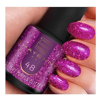 Abbildung von SHAYENNE Shellac Gel Nagellack 15 ml für UV LED Lampe 48 Street Purple Glitter Lila Glitzer MADE in GERMANY Nail Polish for Lamp Nagel Lack Gellack Nagelgel