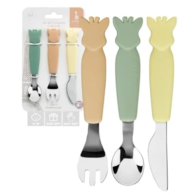 Abbildung von Sophie la Girafe Set mit 3 pastellfarbenen Silikonbestecken