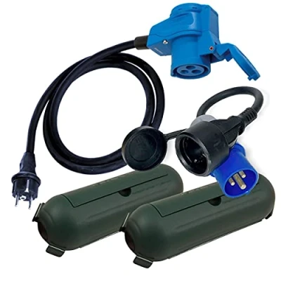 Abbildung von IntuiFlex CEE Adapter Schuko Winkelkupplung Schutzbox Set Camping Zubehör Boot Wohnmobil Wohnwagen Garten H07RN F 3x2,5mm² Strom Kabel 230V 16A Stromadapter Winkelstecker