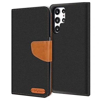 Abbildung von Verco kompatibel mit Samsung Galaxy S23 Ultra Hülle, Schutzhülle für 5G Tasche Denim Textil Book Case Flip Klapphülle, Schwarz
