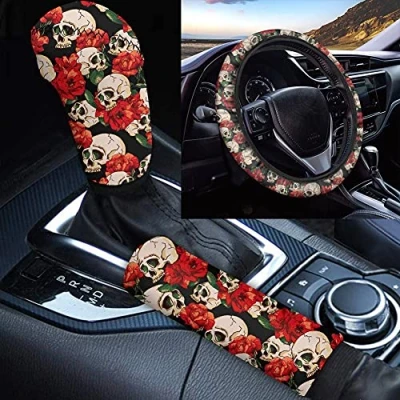 Abbildung von Biyejit Lenkradbezug mit Totenkopf Motiv, für Damen, universelle Passform, 35,6 38,1 cm, Handbremsen Abdeckung, Gangschaltung, Auto Dekoration