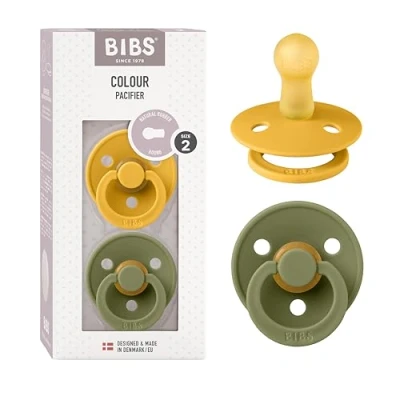 Abbildung von BIBS Colour Schnuller 2er Pack, BPA frei, Kirschform Nippel. Naturkautschuk/Latex, Hergestellt in Dänemark. Größe 2 6+ Monate Honey Bee/Olive