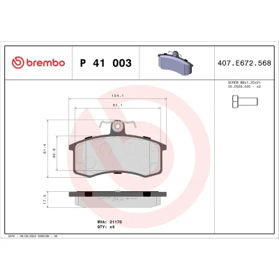Abbildung von BREMBO P 41 003 Bremsbelagsatz exkl. Verschleißwarnkontakt mit Bremssattelschrauben ohne Zubehör LADA: Kalina II Kombi, Priora Limousine, Samara