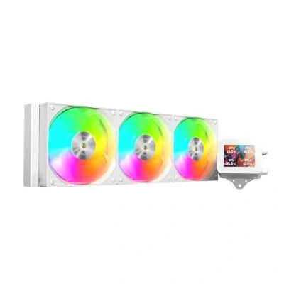 Abbildung von MARSGAMING ML VISION360, Flüssigkeitskühlung AIO, TDP 600W, 3x ARGB Lüfter mit Kupfer und Aluminium FDB Kern, 4:3 IPS LCD Display 360 Rotation Software, Universeller Multisockel, Weiß