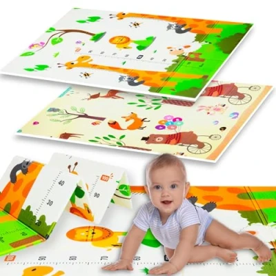 Abbildung von Humbi Spielmatte Baby Krabbelmatte Faltbarer XPE Schaumstoff Doppelseitig Wasserdicht Größe 120x180x1cm Teppich Babymatte rutschfest Tragbar (Giraffen/Tiere)