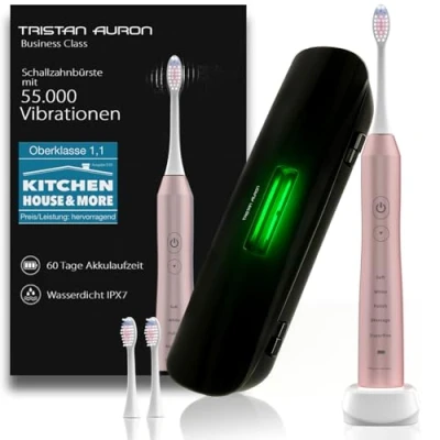 Abbildung von Tristan Auron Schallzahnbürste Beste Reisezahnbürste 2025 100 Tage risikofrei testen UV Reiseetui &amp; 2 Bürstenköpfe Sanfte mit 5 Reinigungsmodi Business Class (Pink)