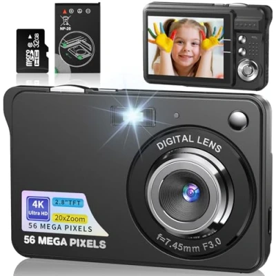 Abbildung von 4K Digitalkamera 56MP Fotokamera mit Autofokus 20X Digitalzoom Fotoapparat Tragbare Kompaktkamera 32GB SD Karte für Kinder Teenager Anfänger Geschenk (Schwarz)