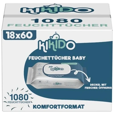 Abbildung von Kikido Feuchttücher Baby 1080 Tücher, 18 Packungen Mit 60 Stück Feuchte Tücher Sanfte Formel für empfindliche Haut Frische Spar Deckel Alkoholfrei und seifenfrei Dermatologisch Getestet