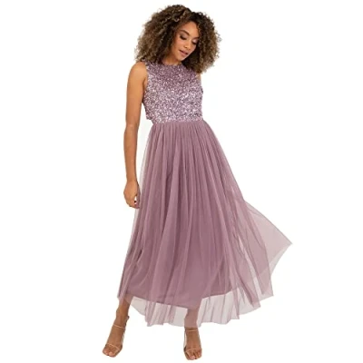 Abbildung von Maya Deluxe Vrouwen Midaxi Jurk Dames Mouwloze Pailletten Hoge Empire Taille Tule Versierd voor Bruiloft Gast Bal Bruidsmeisje, Bessen, 36