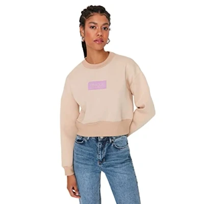 Abbildung von Trendyol Damen Rundhalsausschnitt und Slogan Regular Sweatshirt, beige, 36