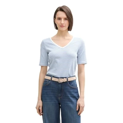 Abbildung von TOM Tailor MIT Vausschnitt Tshirt print, Damen, Größe: Medium, Flawless blue regular stripe