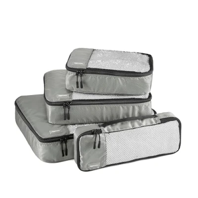 Abbildung von Amazon Basics Packwürfel Set für Koffer, Reise Organizer, Reißverschluss, 4 Teilig, Groß, Mittelgroß, Klein, Schmal, Grau