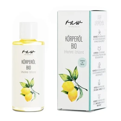 Abbildung von raw Kosmetik, Körperöl Bio Lemongras und Ginseng, 100ml, mit kaltgepressten Ölen, ideal bei gestresster, alternder Haut sowie extrem empfindlicher sensibler Haut.