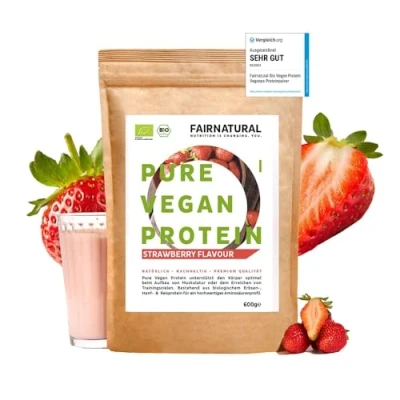 Abbildung von Fairnatural VEGAN Protein Pulver BIO Erdbeere, Veganes Proteinpulver ohne Soja &amp; Chemie [Regional aus Deutschland] 5K pflanzliches Premium »Zum Backen Eiweiß Shake« 600g Eiweißpulver