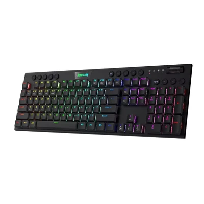 Abbildung von Redragon K618 Horus Mechanische RGB Tastatur, Bluetooth/2.4ghz/kabelgebundene Tri Mode Flache Tasten Gaming Tastatur mit Kabelloser Verbindung, Dedizierter Mediensteuerung und Blaue Schalter
