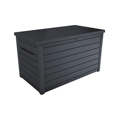Abbildung von Koll Living Auflagenbox/Kissenbox Goliath XXL 870 Liter Farbe : Graphit l 100% Wasserdicht mit Belüftung dadurch kein übler Geruch/Schimmel Moderne Holzoptik Deckel belastbar bis 50 KG
