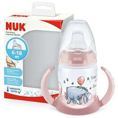 Abbildung von NUK First Choice+ Trinklernflasche 618 Monate 150 ml Temperature Control Anzeige Anti Colic Ventil auslaufsichere Trinkschnabel Ergonomische Griffe BPA frei Disney Winnie Puuh rosa