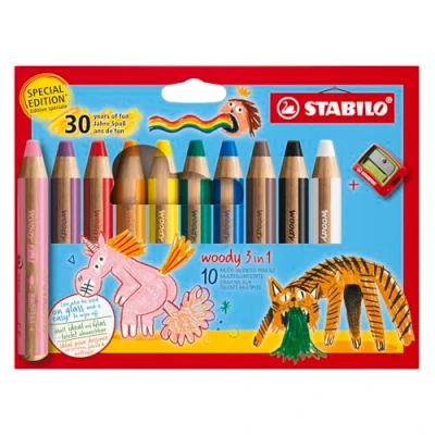 Abbildung von Buntstift, Wasserfarbe &amp; Wachsmalkreide STABILO woody 3 in 1 Jubiläumsedition 10er Pack mit Spitzer 10 Farben