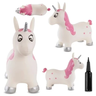 Abbildung von sun baby Hüpftiere ab 1 Jahr mit Pumpe aufblasbares Hüpfspielzeug aus Hochwertigem und Strapazierfähigem Gummi, Verschiedene Designs (Weißes Einhorn)
